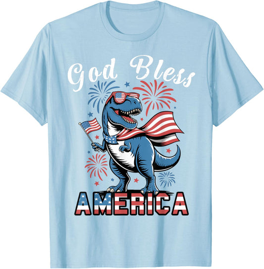 Toddler Boy God Bless America 4th July Dinosaur Patriotic T-Shirt