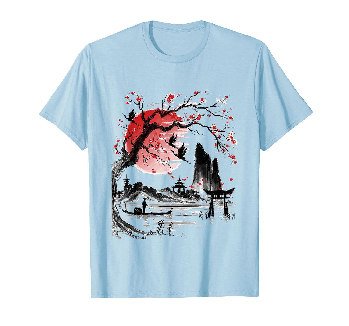 Japanese Tree Red Moon With Birds Flying in background T-Shirt
