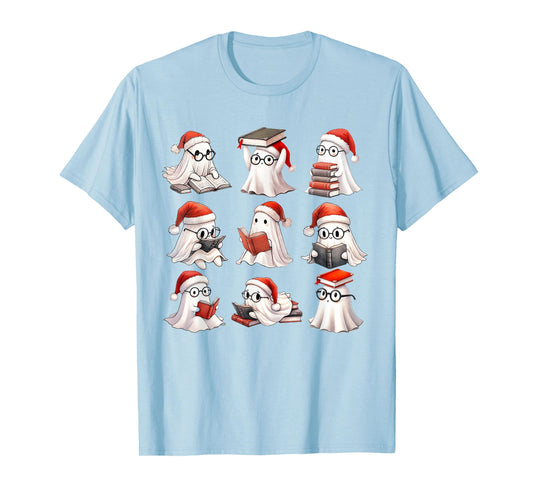 Christmas Ghost Reading Book Lovers Spooky Ghost Santa Hat T-Shirt