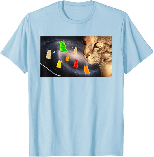 Brown Tabby Cat with Gummy Candy Bears in Space Funny Shirt