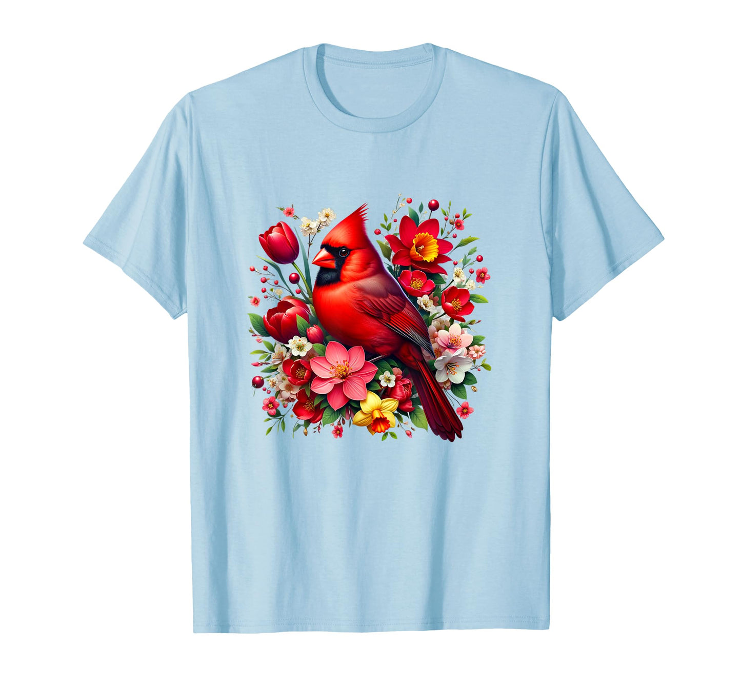 Red Cardinal Bird Spring Flowers T-Shirt