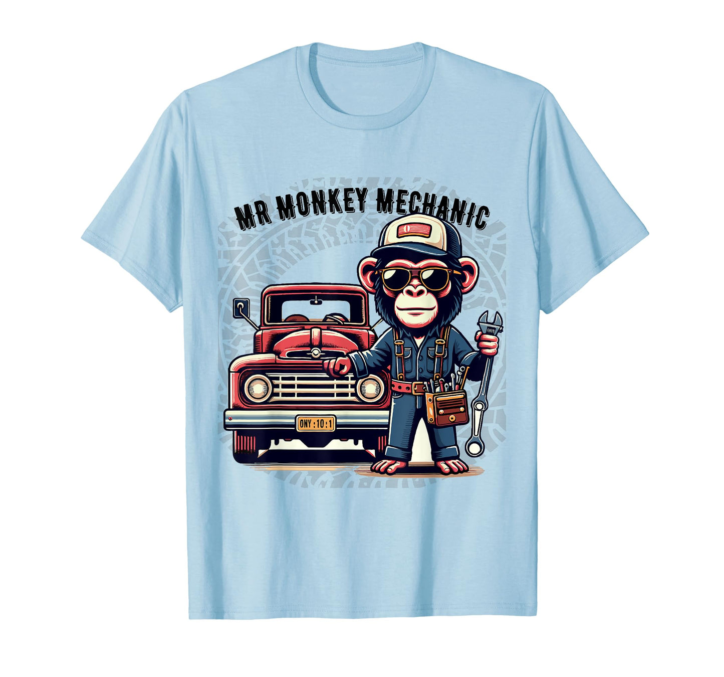 Mr Cute Monkey Mechanic Sunglasses Working on Vintage Truck T-Shirt