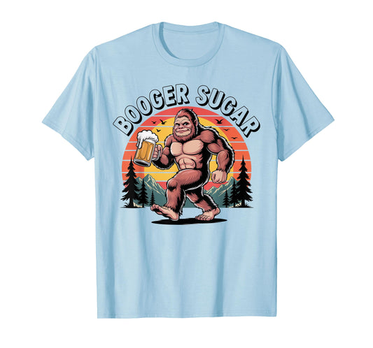 Booger Sugar Bigfoot Funny Muscular Sasquatch Beer Sunset T-Shirt
