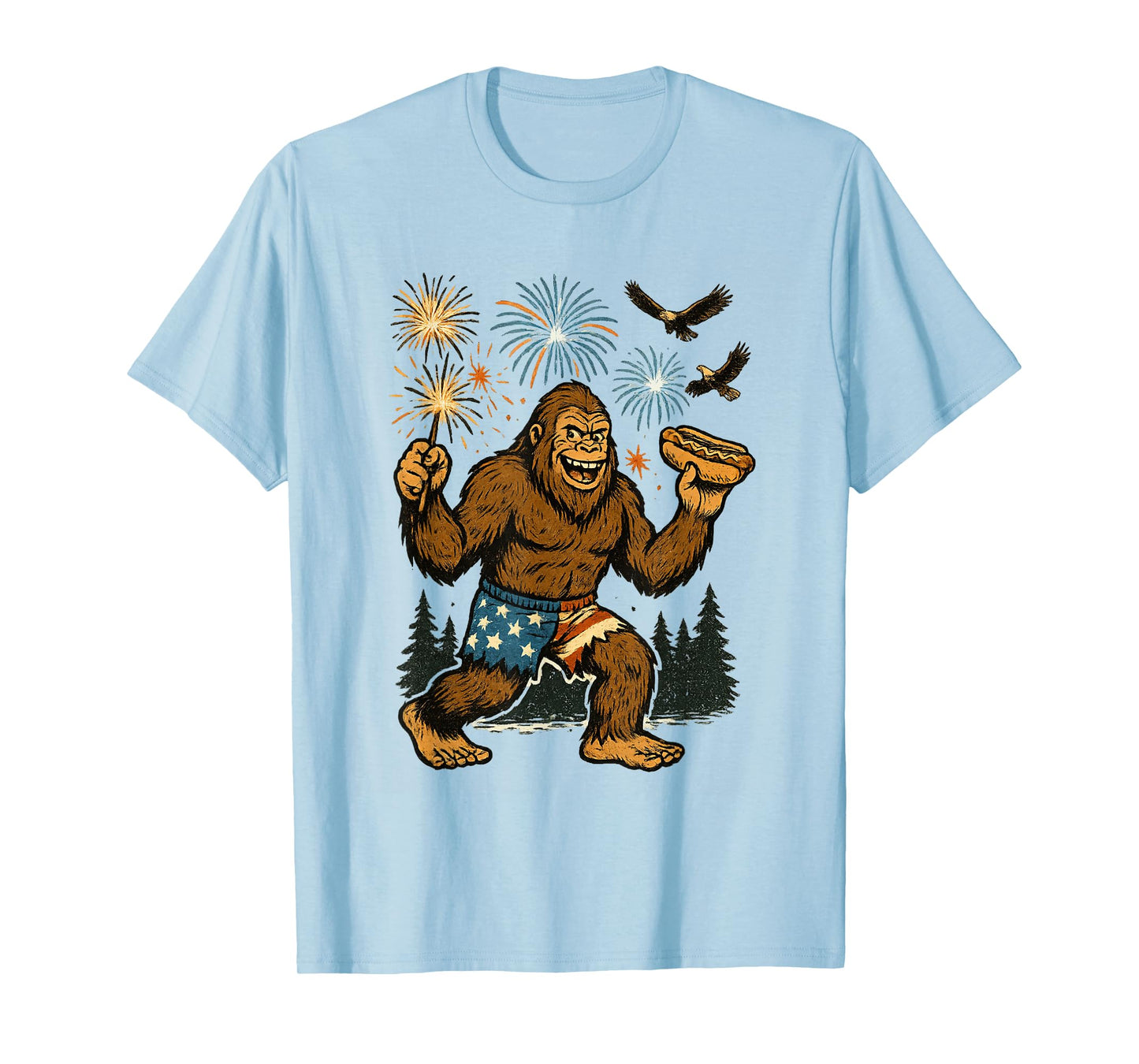 Bigfoot Fireworks 4th of July Men Sasquatch American US Flag T-Shirt
