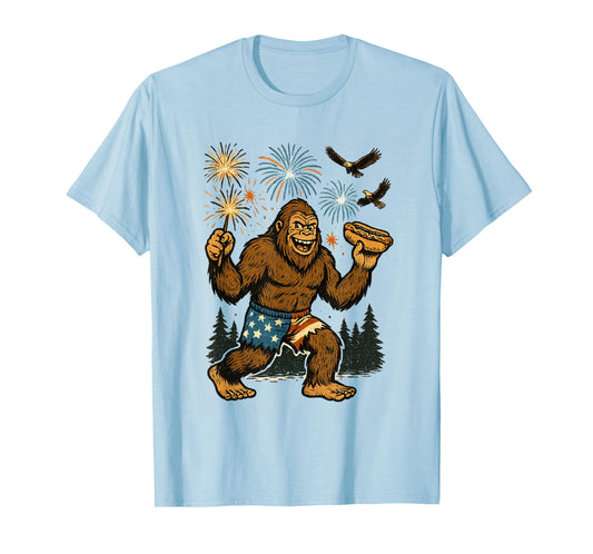 Bigfoot Fireworks 4th of July Men Sasquatch American US Flag T-Shirt