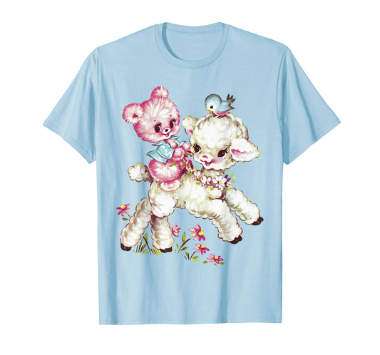 Vintage Easter Cute Lamb Bear Spring Flowers Retro Vintage T-Shirt