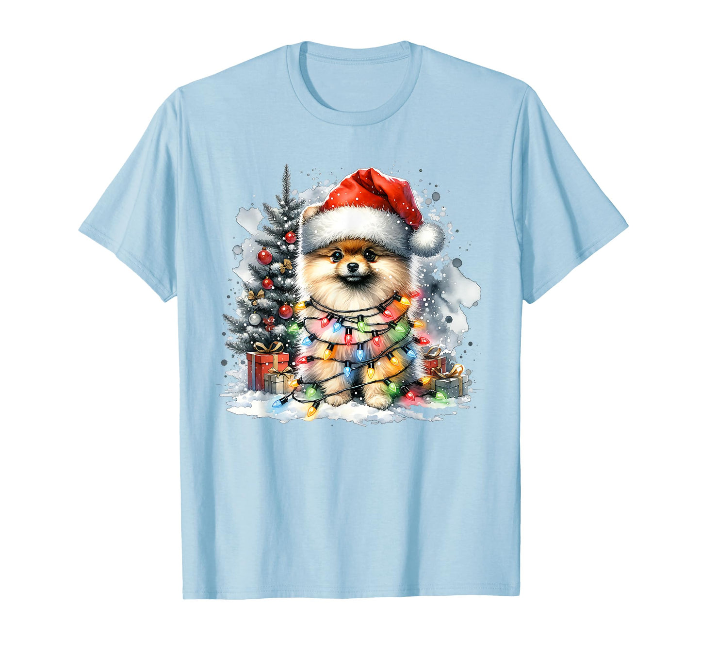 Funny Cute Santa Pomeranian Dog Tangled In Christmas Lights T-Shirt