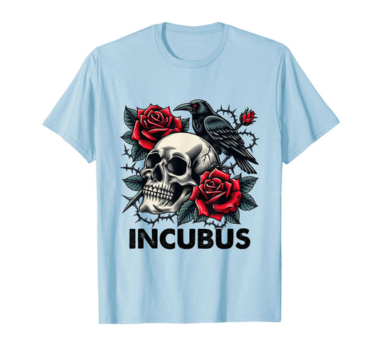 Retro Halloween Graphic Incubus-Crow Left Skull And Flower T-Shirt