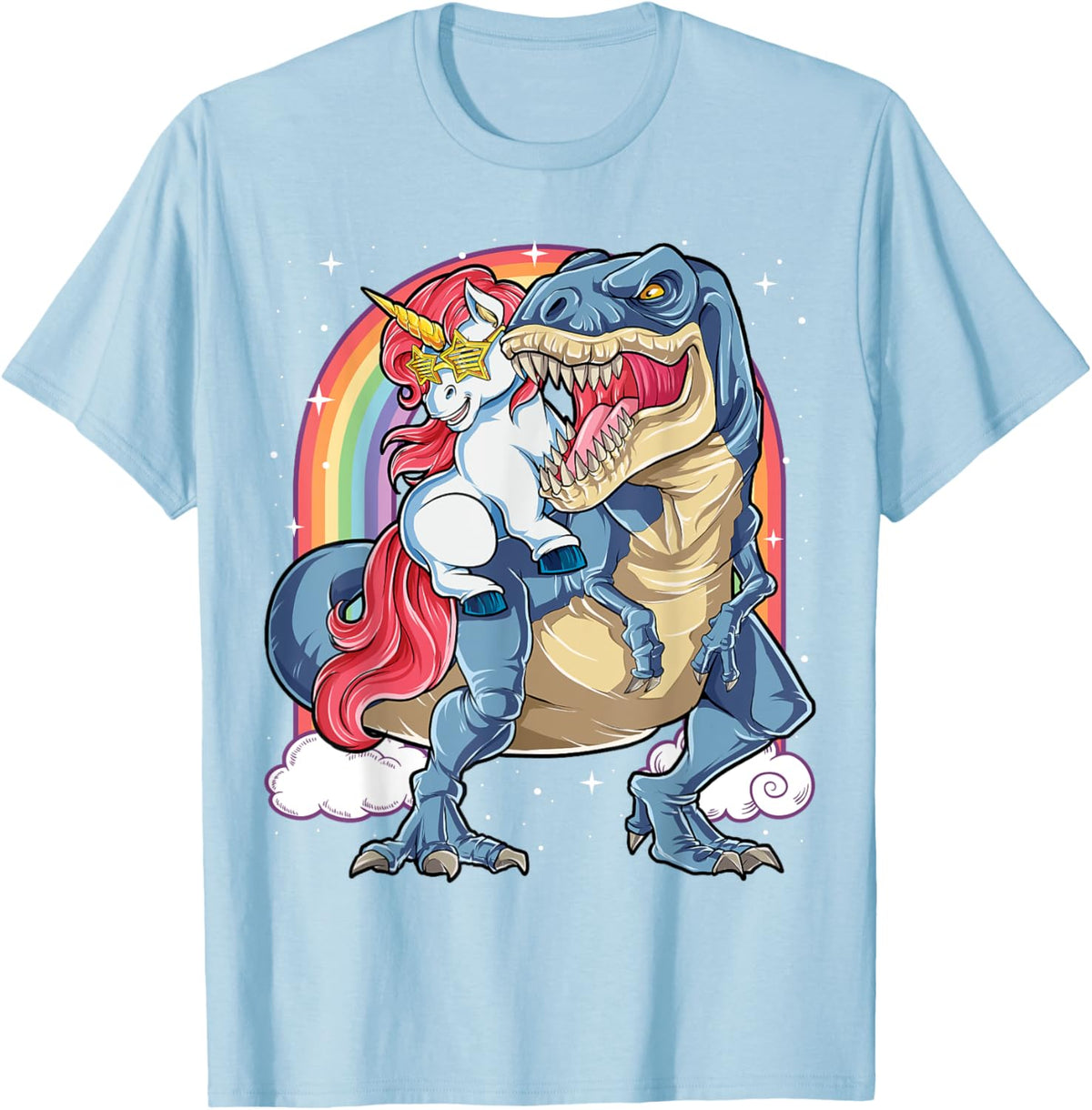 Unicorn Riding Dinosaur T rex Shirt Boys Girls Kids Rainbow T-Shirt