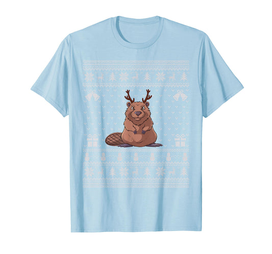 Ugly Xmas Sweater Style Beaver Reindeer Christmas T-Shirt