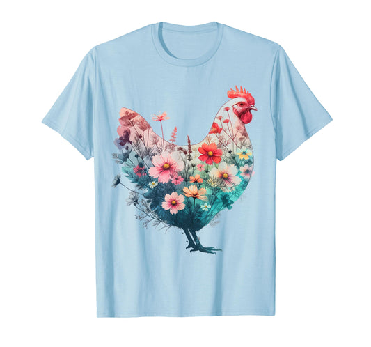 Chicken Floral Art Graphic Women Farm Chicken Lover Colorful T-Shirt