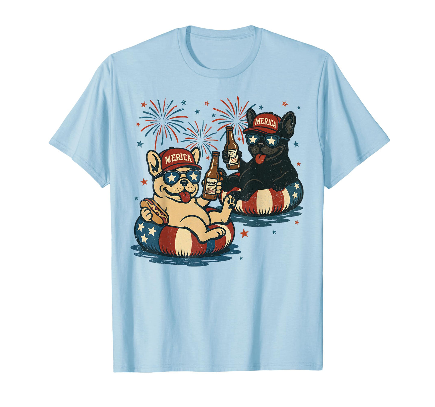 Retro Dogs With Beer, French Bulldog Adult 4th of July T-Shirt