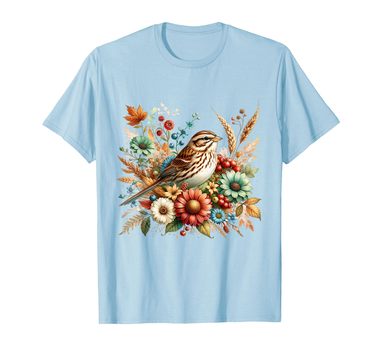 Song Sparrow Vintage Floral Autumn Bird T-Shirt