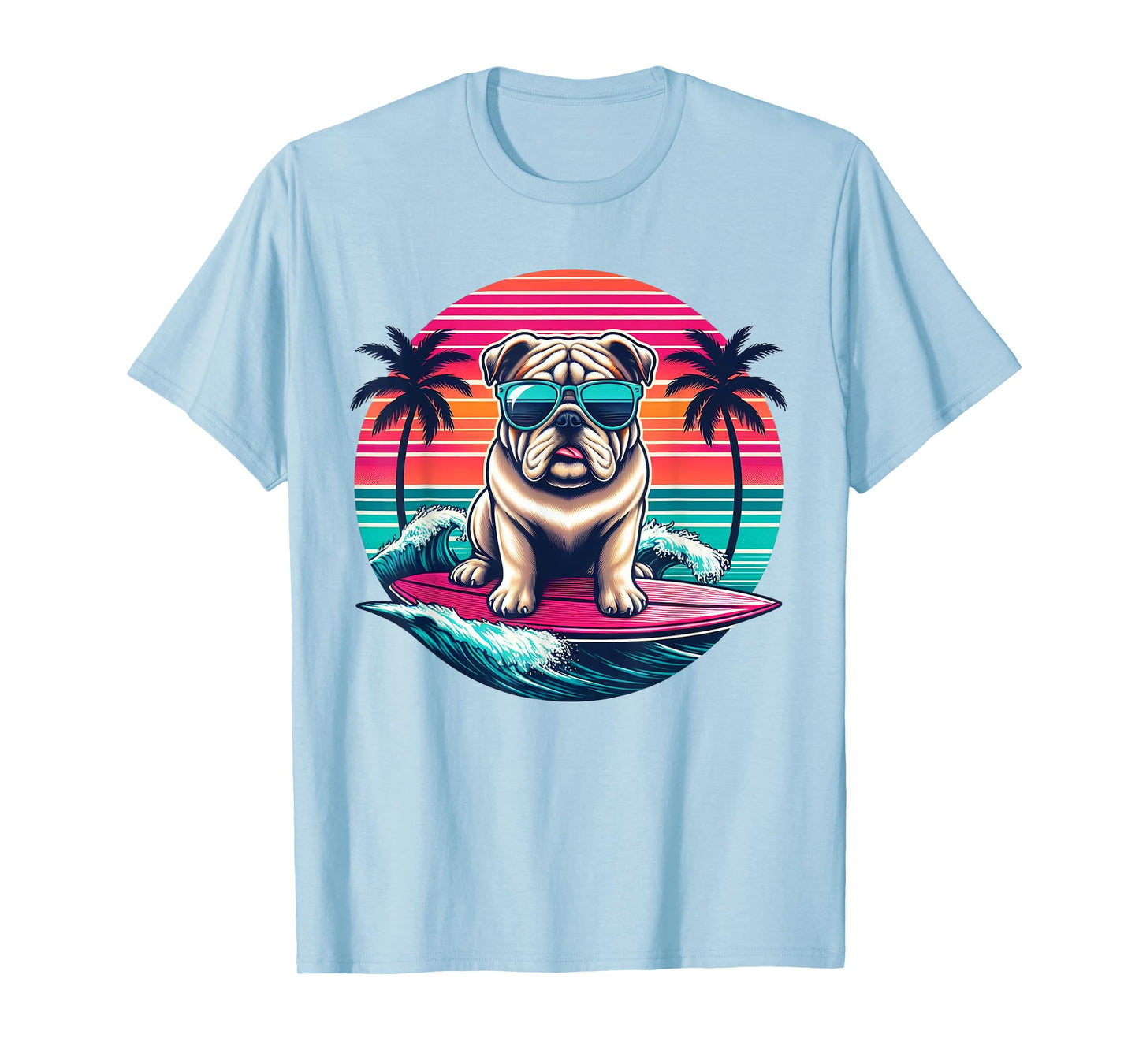 Surfing English Bulldog Retro Sunset Men Women Kids T-Shirt