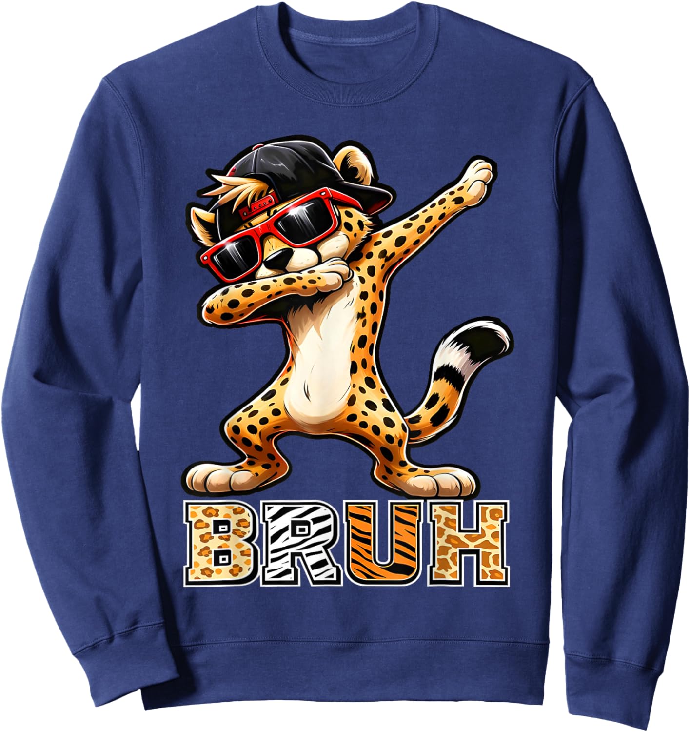 Bruh Cheetah Meme Graphic Tee Men Boys Animal Print Kids T-Shirt - Sweatshirt | Navy