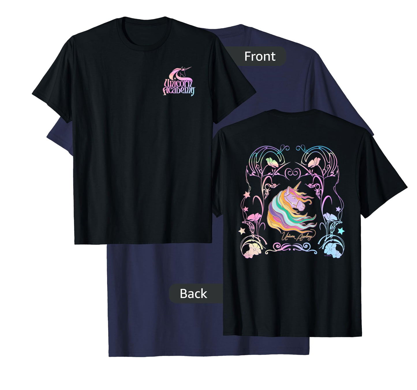 Unicorn Academy Enchanting Graphic Logo Front and Back Print T-Shirt