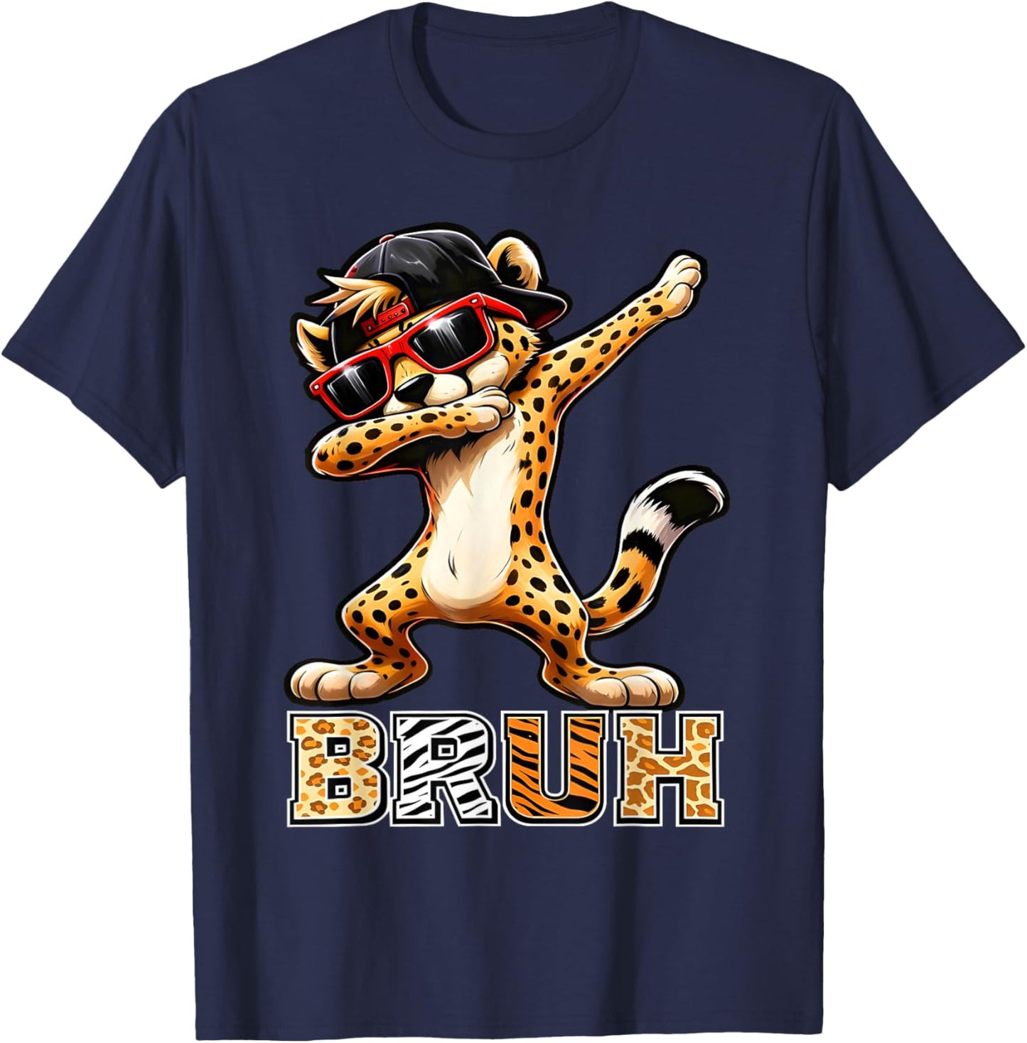 Bruh Cheetah Meme Graphic Tee Men Boys Animal Print Kids T-Shirt - T-Shirt | Navy