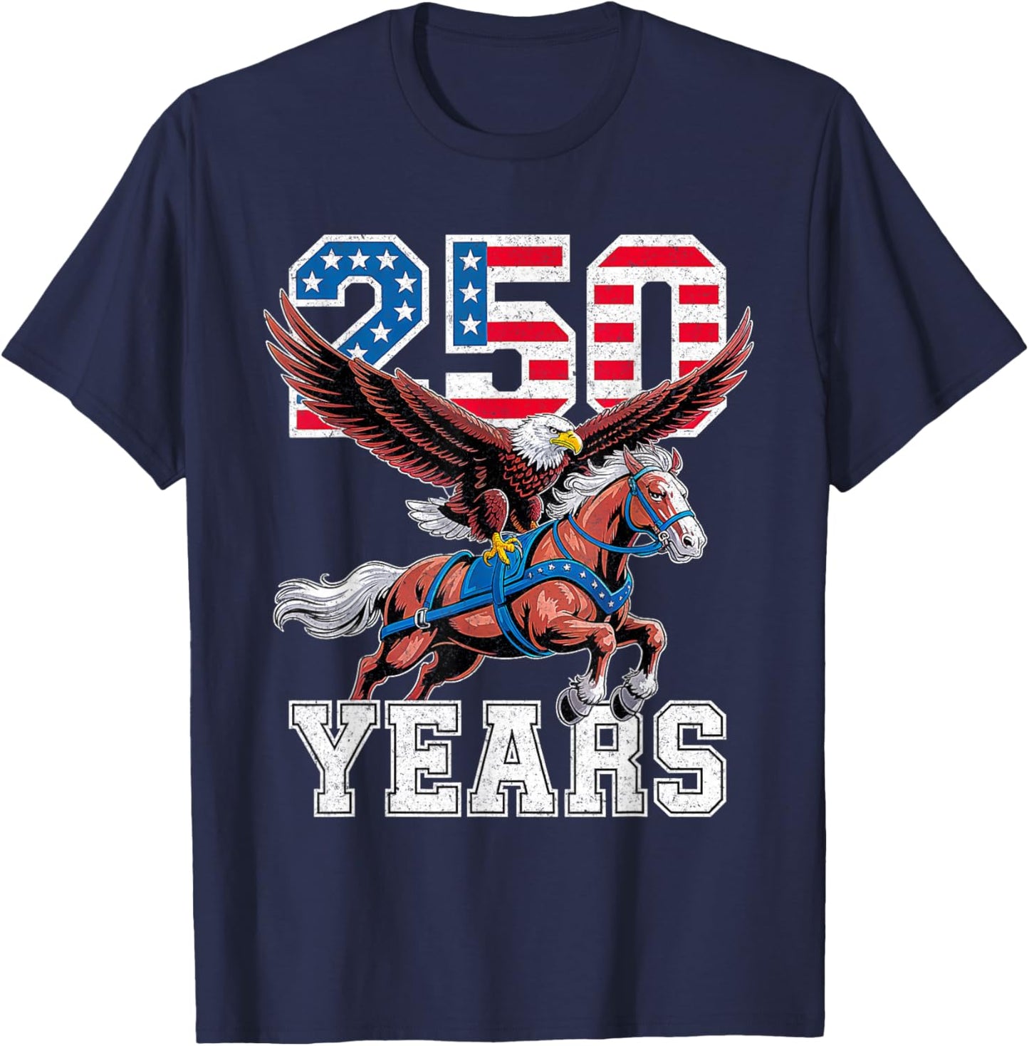 Retro USA 250th Anniversary Bald Eagle and Clydesdale Horse T-Shirt T-Shirt - T-Shirt | Navy