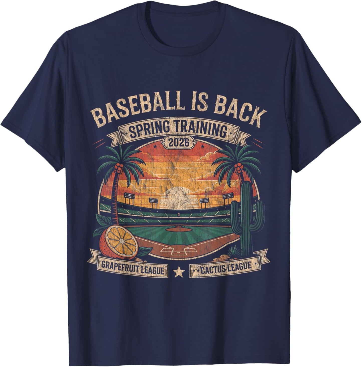 Spring Training Baseball is Back 2026 Retro Stadium Sunset T-Shirt T-Shirt - T-Shirt | Navy