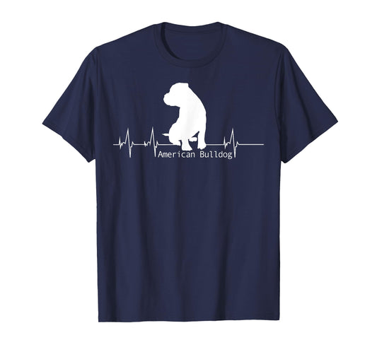 Lovemybello Hunde Designs American Bulldog Heartbeat T-Shirt - Men's Unisex Black Small Classic Fit Short Sleeve