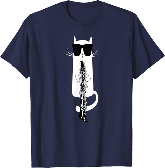 Funny Cat Wearing Sunglasses Playing Oboe T-Shirt