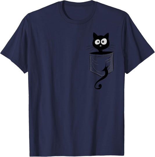 For Cat-Lover Cute Staring Black Cat Kitty In Pocket T-Shirt