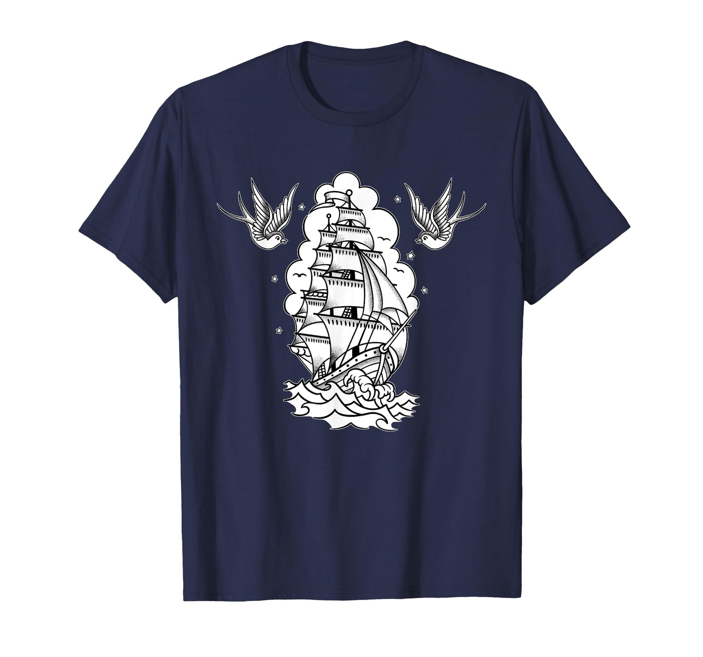 Old School Sailor Tattoo Clipper Ship and Swallows T-Shirt