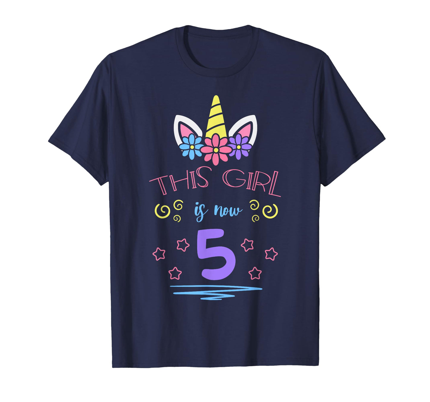 This Girl Is Now 5 Birthday Unicorn Floral Horn Theme Party T-Shirt