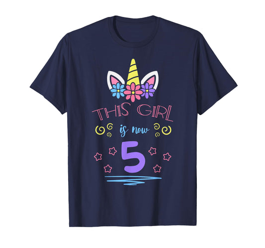 This Girl Is Now 5 Birthday Unicorn Floral Horn Theme Party T-Shirt