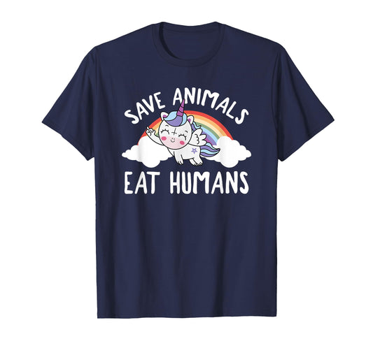 Evil Unicorn Rainbow Save Animals Eat Humans Satanic Vegan T-Shirt