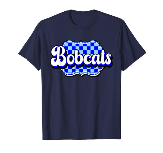 Blue Bobcats Checkered Print Blue Bobcat Pride School Spirit T-Shirt