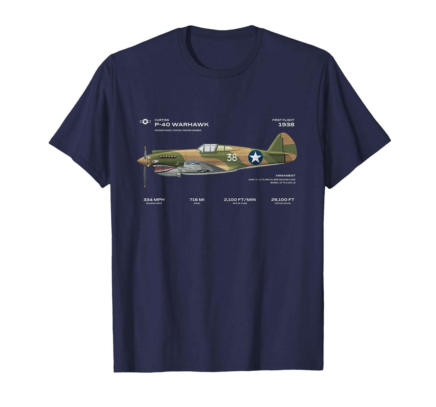 P-40 Warhawk US WWII Airplane Historic War Bird Fighter bomb T-Shirt