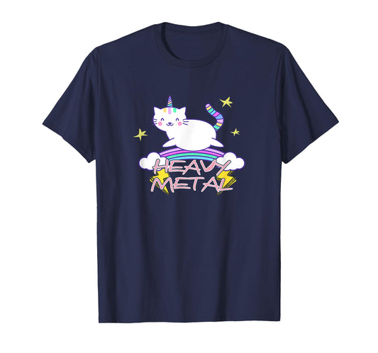 Heavy Metal Kawaii Unicorn Cat and Rainbow T-Shirt