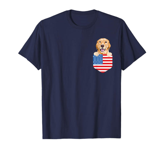 America Flag Yellow Labrador Retriever Dog In Pocket T-Shirt
