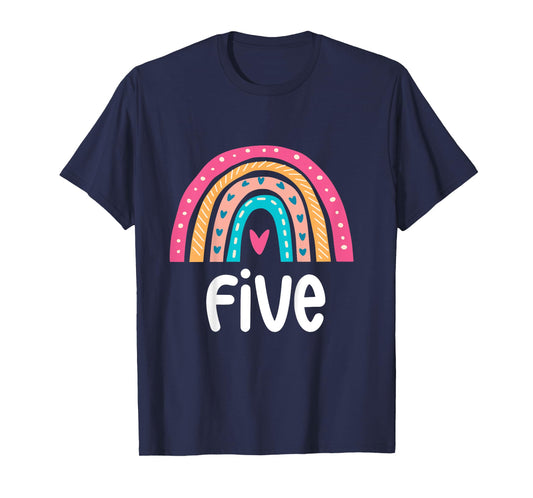 Girls 5th Birthday Shirt Rainbow Five - 5 Year Old Birthday T-Shirt