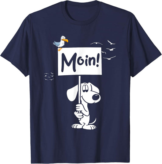Moin! Funny North Germany Dog & Seagull Design T-Shirt