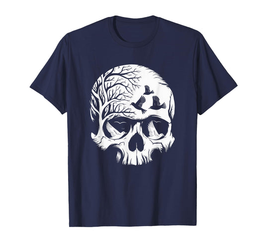 Skull With Birds Gothic Halloween Skull Art T-Shirt