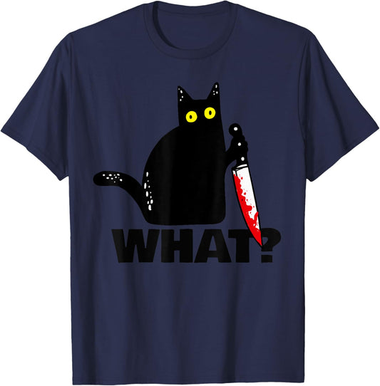 Cat What? funny Murderous Cat with knife Halloween T-Shirt