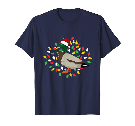 Holiday Xmas Lighting Santa Hat Mallard Duck Bird Christmas T-Shirt