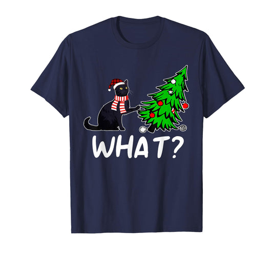 Funny Black Cat Gift Pushing Christmas Tree Over Cat What? T-Shirt