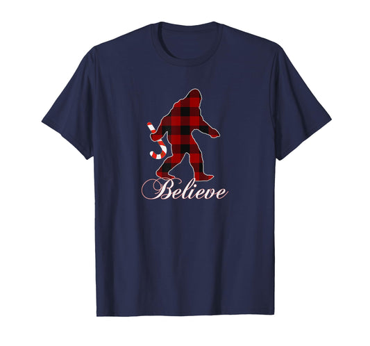 Bigfoot Buffalo Plaid Believe Candy Cane Christmas Pajamas T-Shirt