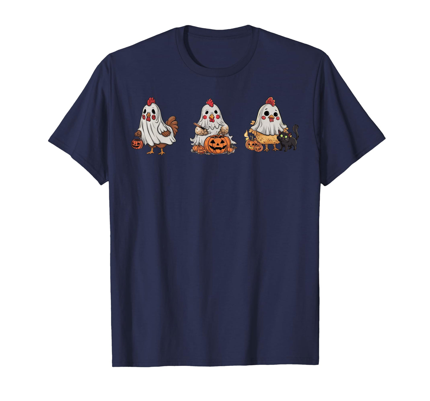 Chickens In Ghost Costume Pumpkin Black Cat Halloween T-Shirt for Men Women Kids