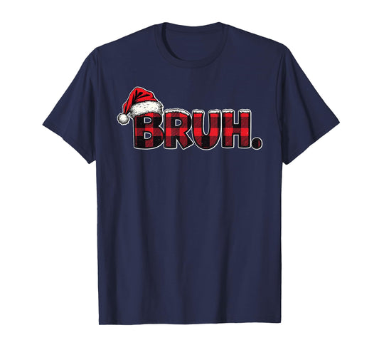 Bruh Santa Hat Funny Christmas Plaid Holiday Boys Kids Xmas T-Shirt