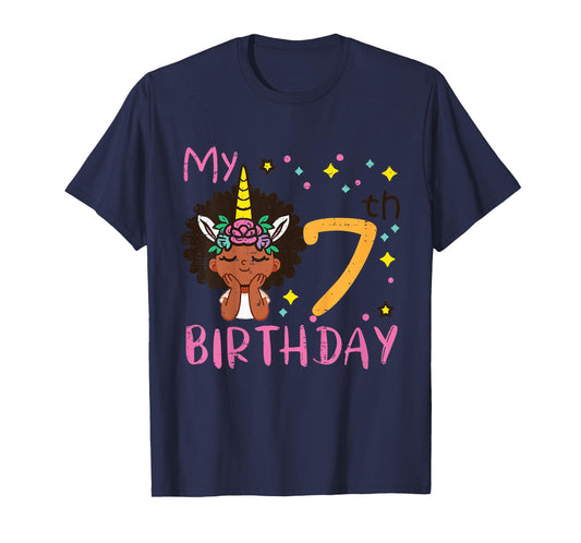 7th Birthday Afro Black Girl Unicorn 7 Year Old Bday Girls T-Shirt