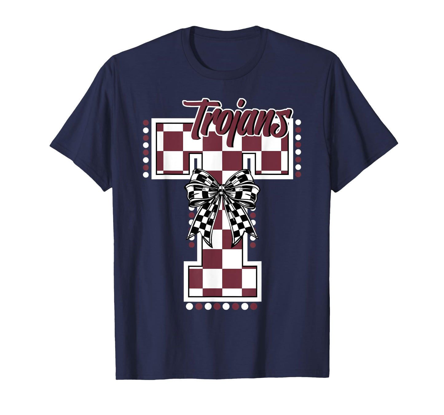 Trojans Checkered Print Trojan Letter Maroon Trojans T-Shirt