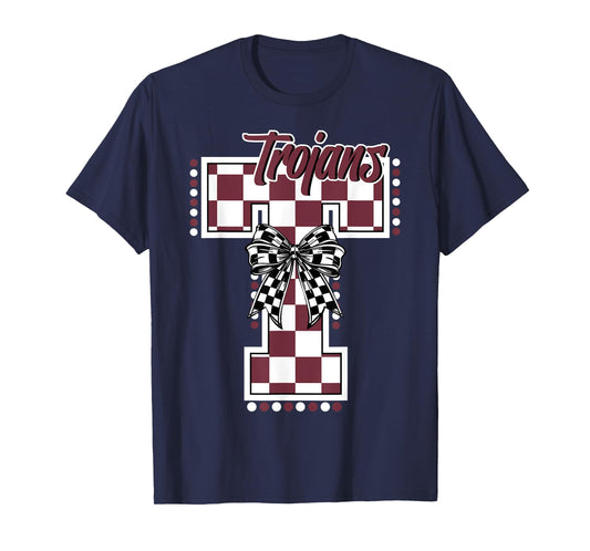 Trojans Checkered Print Trojan Letter Maroon Trojans T-Shirt