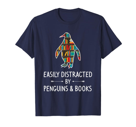 Easily Distracted By Penguins & Books Lover Gift Bird Animal T-Shirt