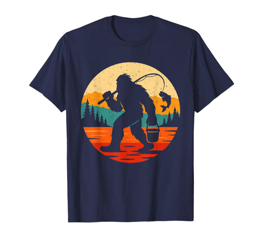 Bigfoot Fishing Funny Retro Sasquatch Fisherman Fish Lovers T-Shirt