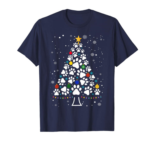 Paw Print Christmas Tree Lights Matching Family Xmas T-Shirt