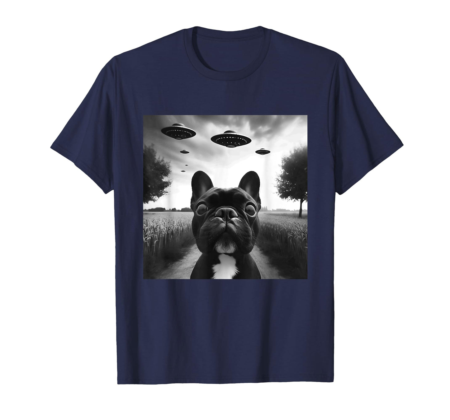 French Bulldog Funny Graphic Selfie with UFOs Weird Aliens T-Shirt